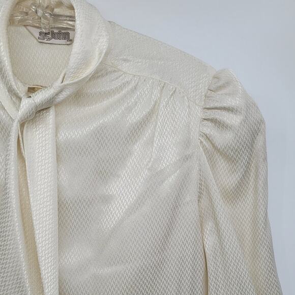 St. John Vintage Cream Jacquard High‎ Bow Neck Long Sleeve Button Up Blouse - Picture 7 of 15